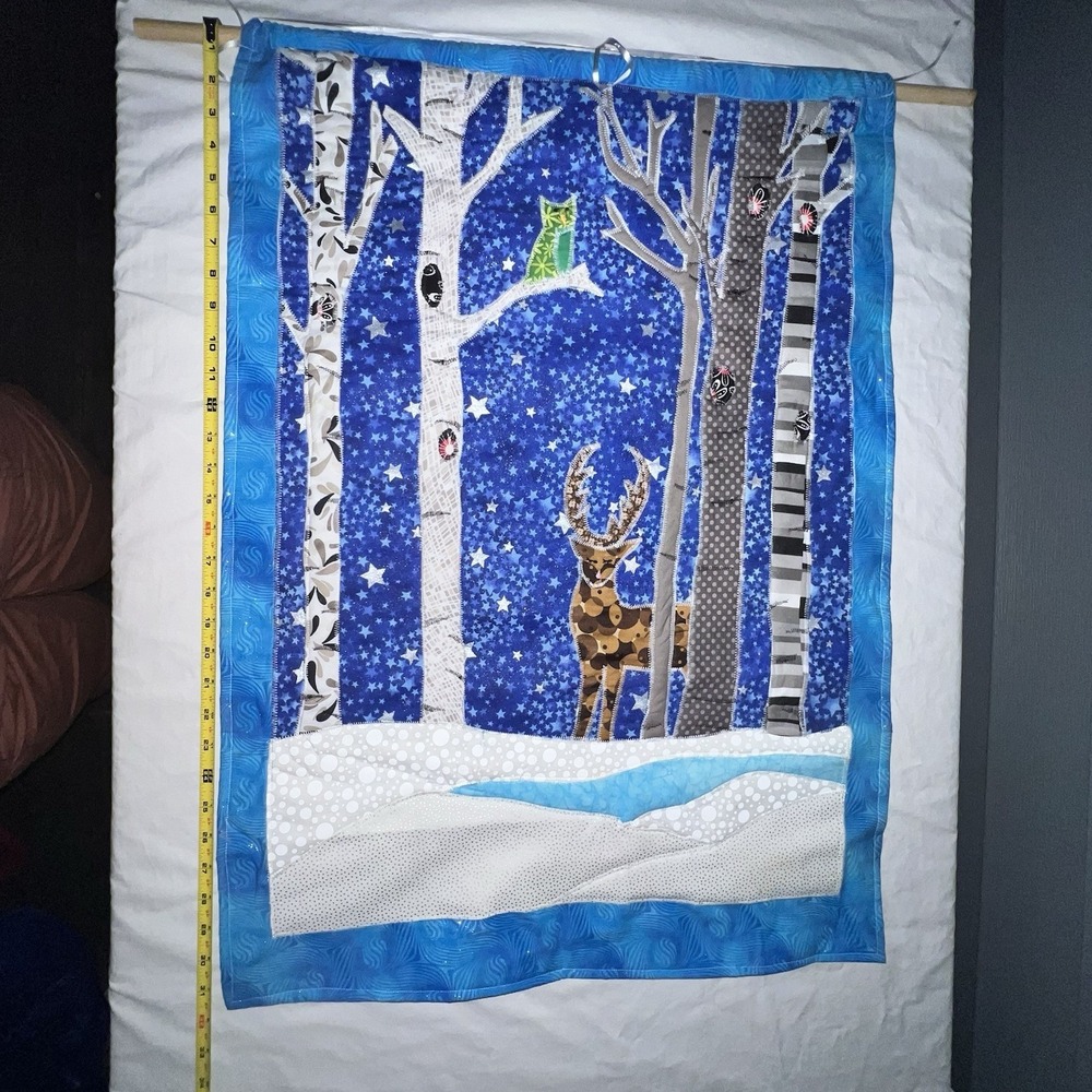 Hand Made Quilt Wall Hanging 23x31 Country Cabin Woods Cottage Core Deer Owl - Picture 10 of 13